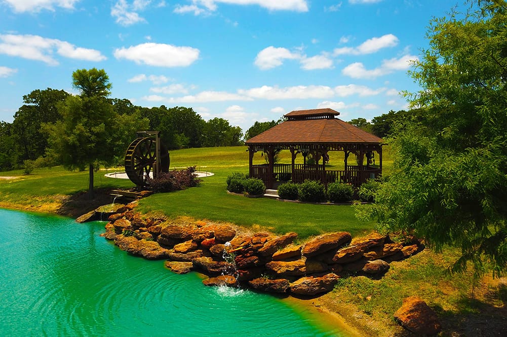 Great view of the waterwheel next to the gazebo