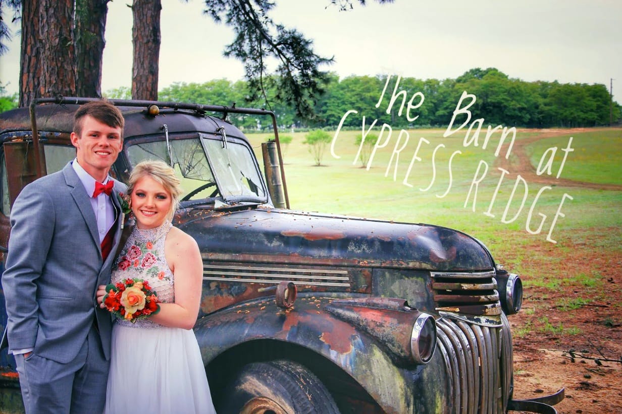 Prom Photos in front of the old truck at The Barn at Cypress Ridge